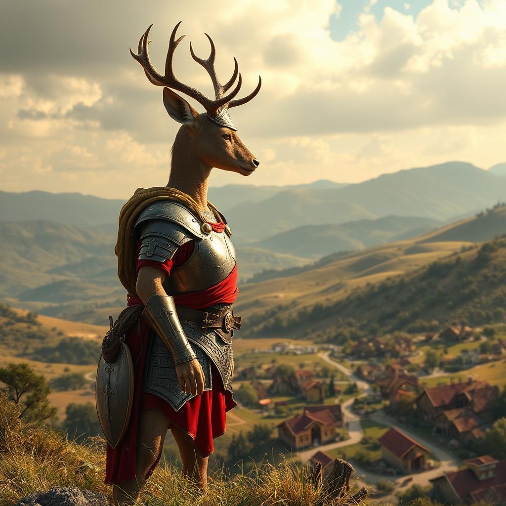 A humanoid female deer adorned in Roman armor, standing on a hill and gazing thoughtfully at a nearby settlement