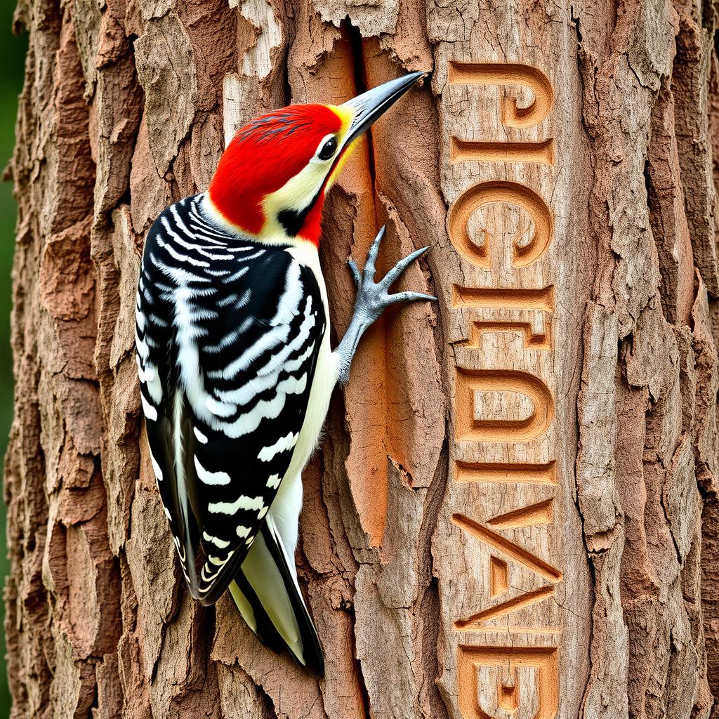 A vibrant woodpecker in a vertical position, gripping a thick pine trunk with its claws