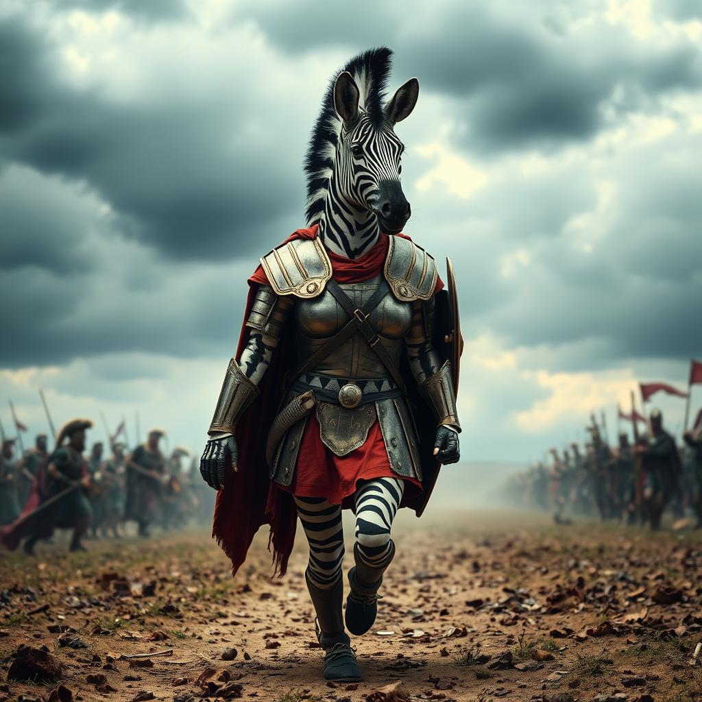 A humanoid female zebra wearing Roman armor, marching confidently toward battle