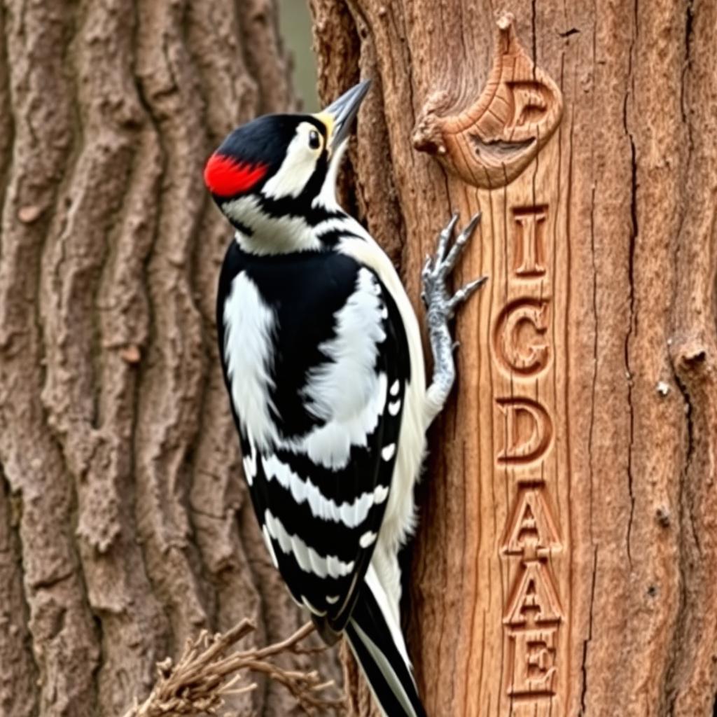 A woodpecker in an upright position gripping a thick pine trunk with its claws