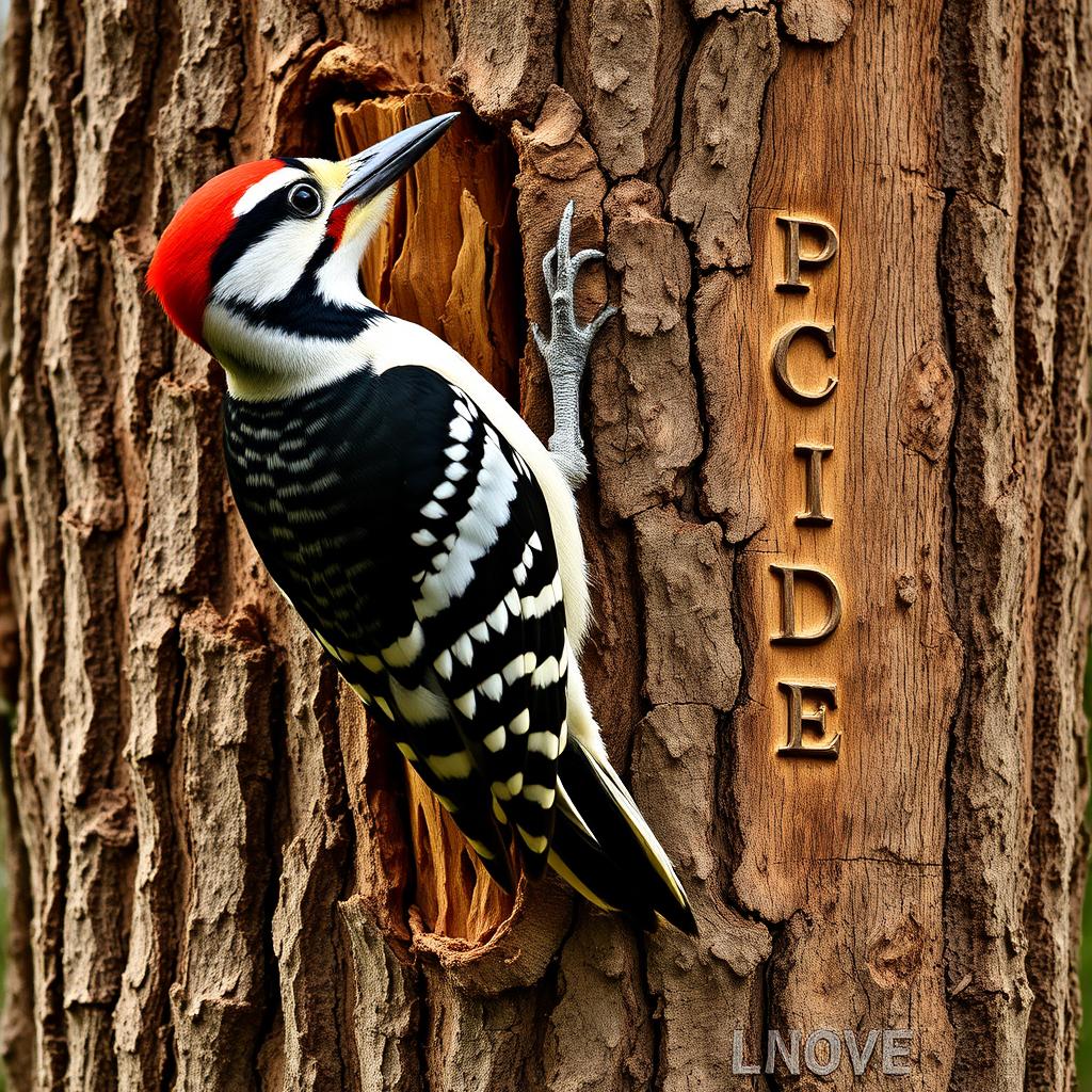 A vertical woodpecker gripping a thick pine tree trunk with its claws