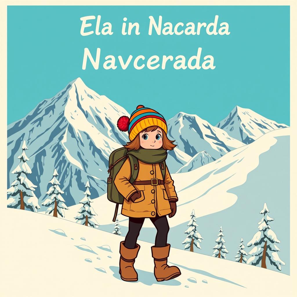 A vintage style poster inspired by the Tintin in Tibet comic, featuring a adventurous young character named Ela, exploring the snowy mountains of Navacerrada, Spain