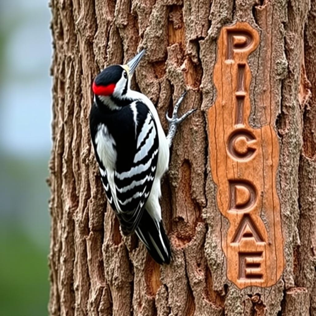 A woodpecker perched vertically on a thick pine trunk, gripping it with its claws