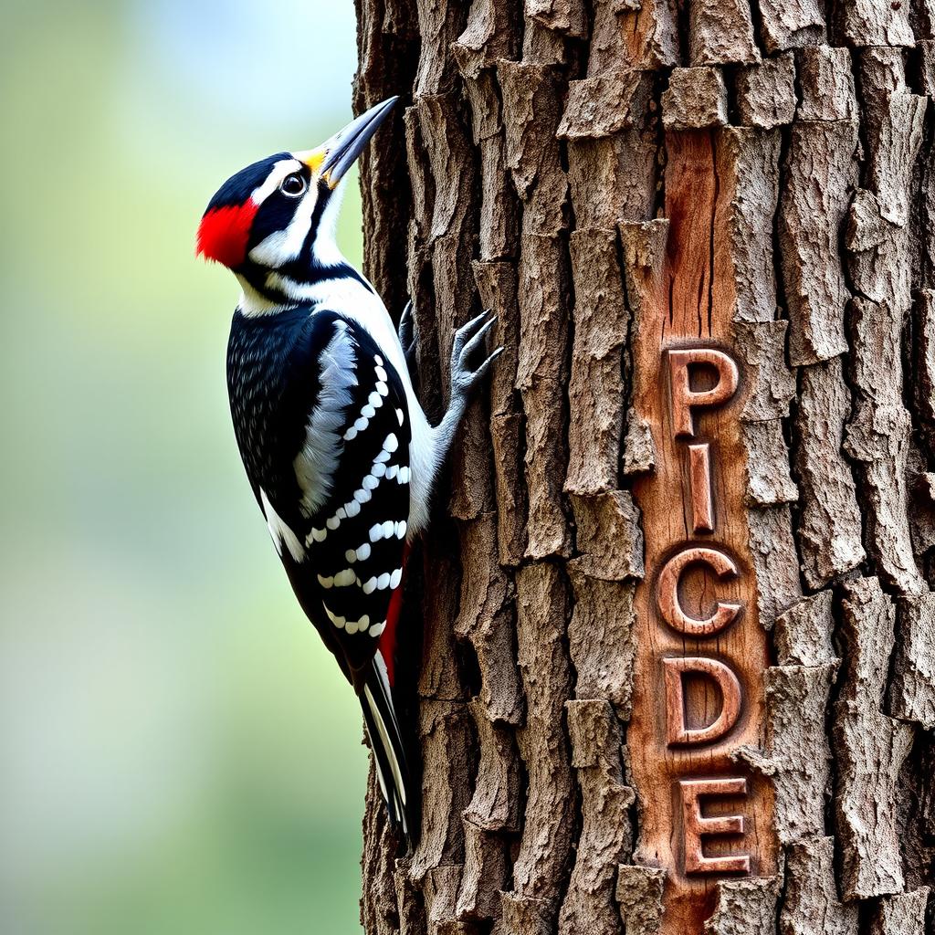 A woodpecker perched vertically, gripping a thick pine trunk with its claws