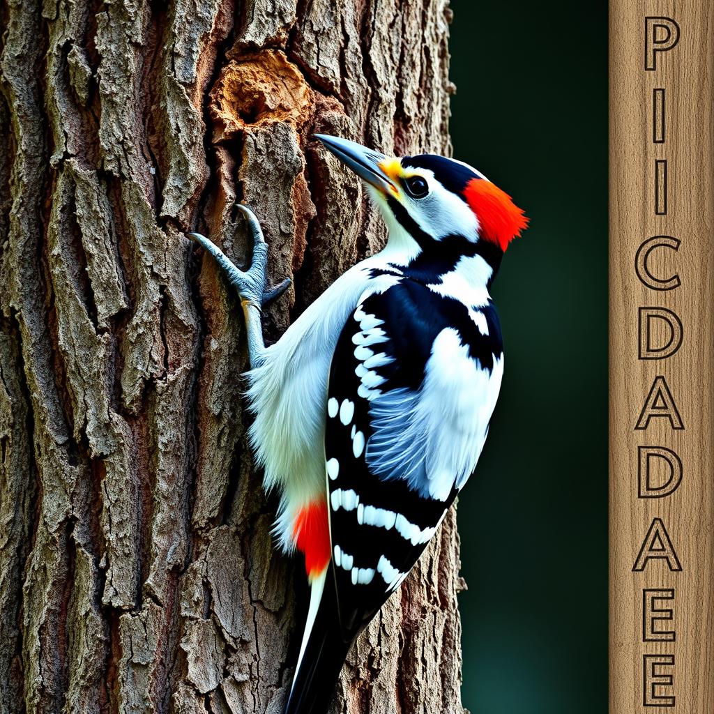 A woodpecker in a vertical position, grasping firmly with its claws onto a thick pine trunk