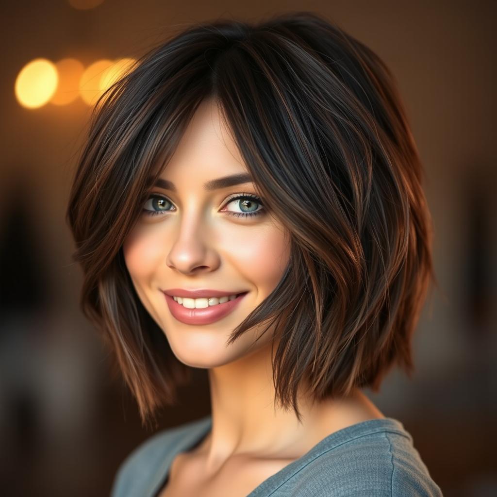 A woman with a messy bob haircut in a rich dark brown color