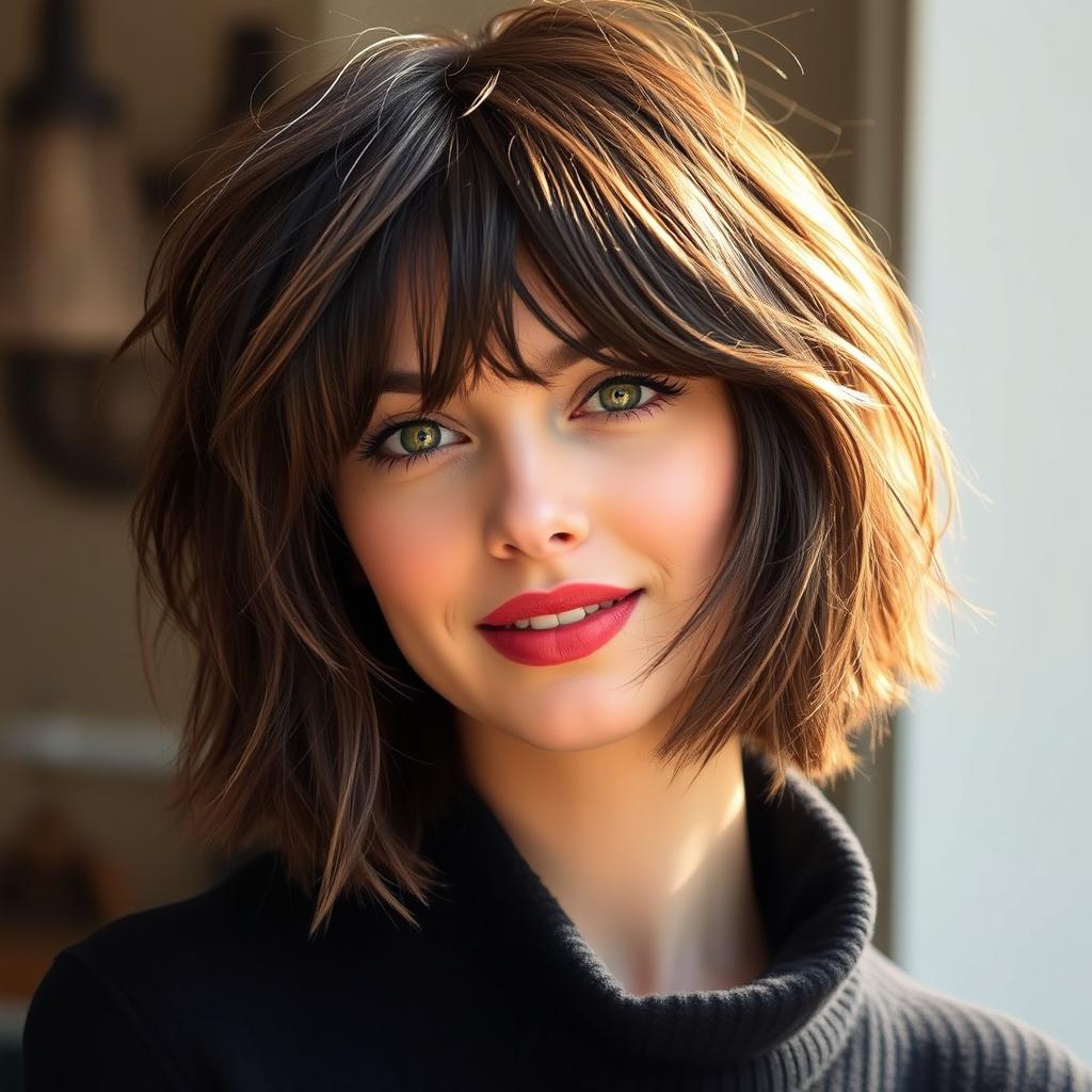 A woman with a messy bob haircut in a rich dark brown color, inspired by the user's image