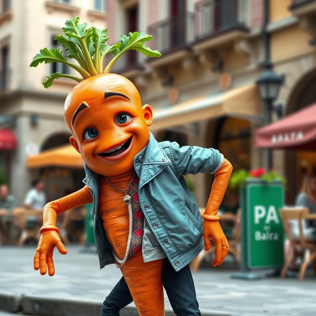 A realistic anthropomorphic carrot with arms and legs, styled as a modern Balkan character