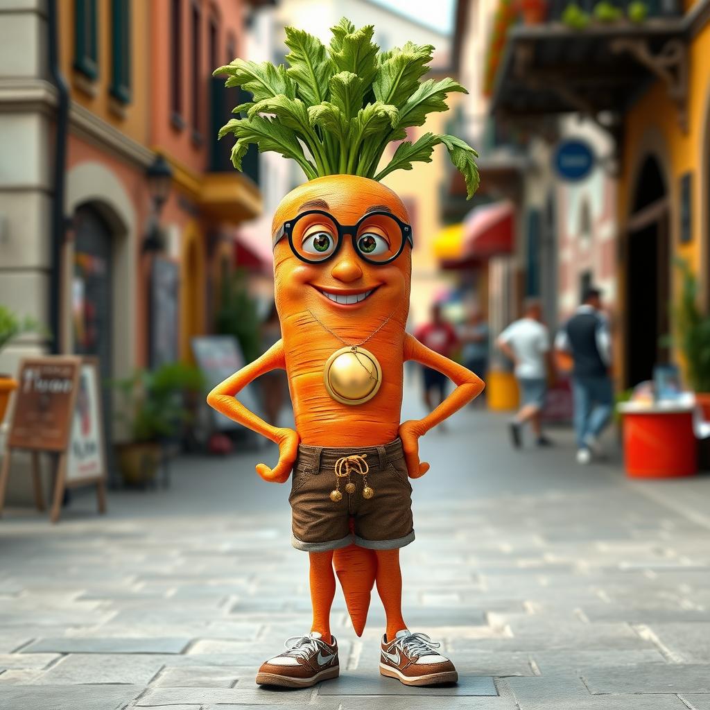 A realistic anthropomorphic carrot with arms and legs, styled as a modern Balkan character