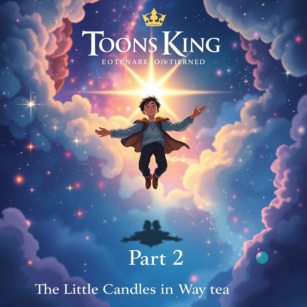 A stunning novel cover for 'Toons King: The Little Candle in My Heart Part 2', featuring a young man floating in mid-air amidst a breathtaking enchanted sky filled with sparkling stars and vibrant colors
