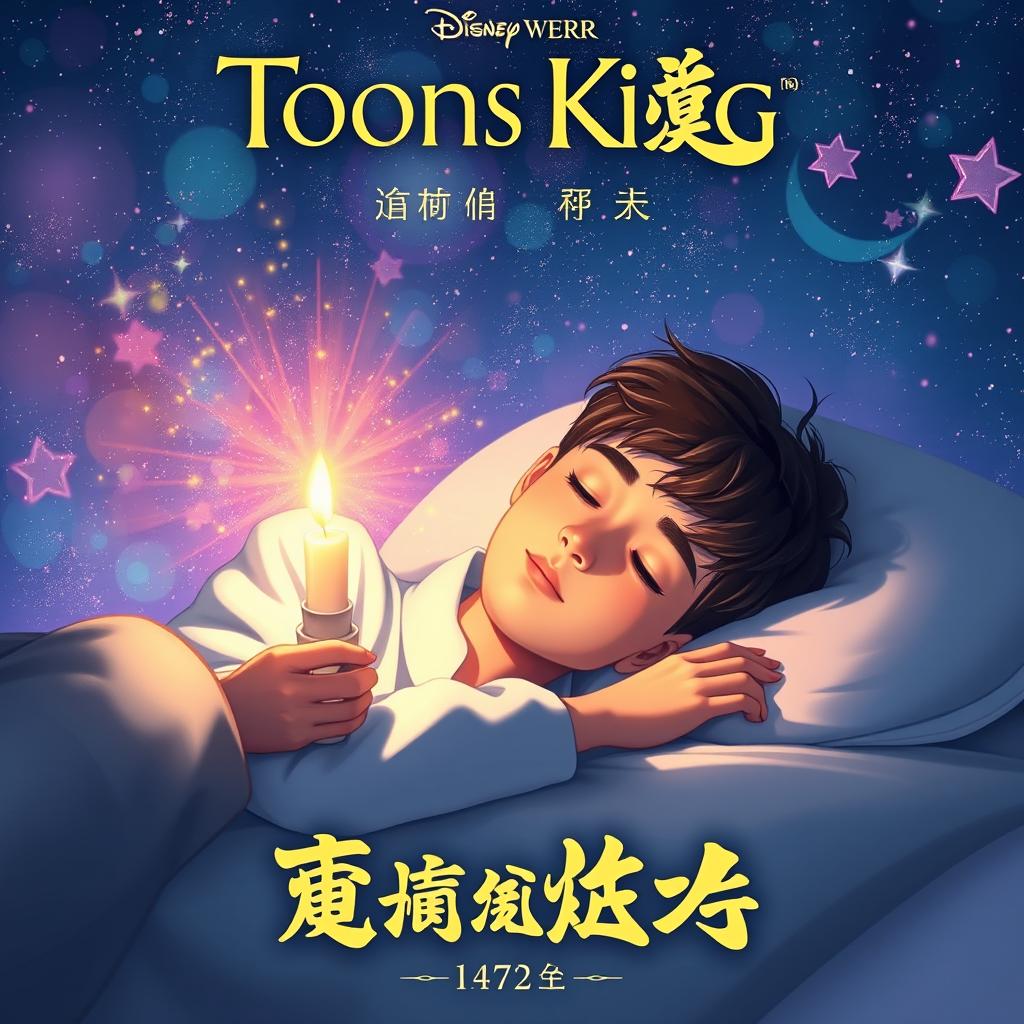 A highly realistic novel cover for 'Toons King, the Little Candle in My Heart Part 2', featuring a young man peacefully sleeping amidst a magical and enchanted setting