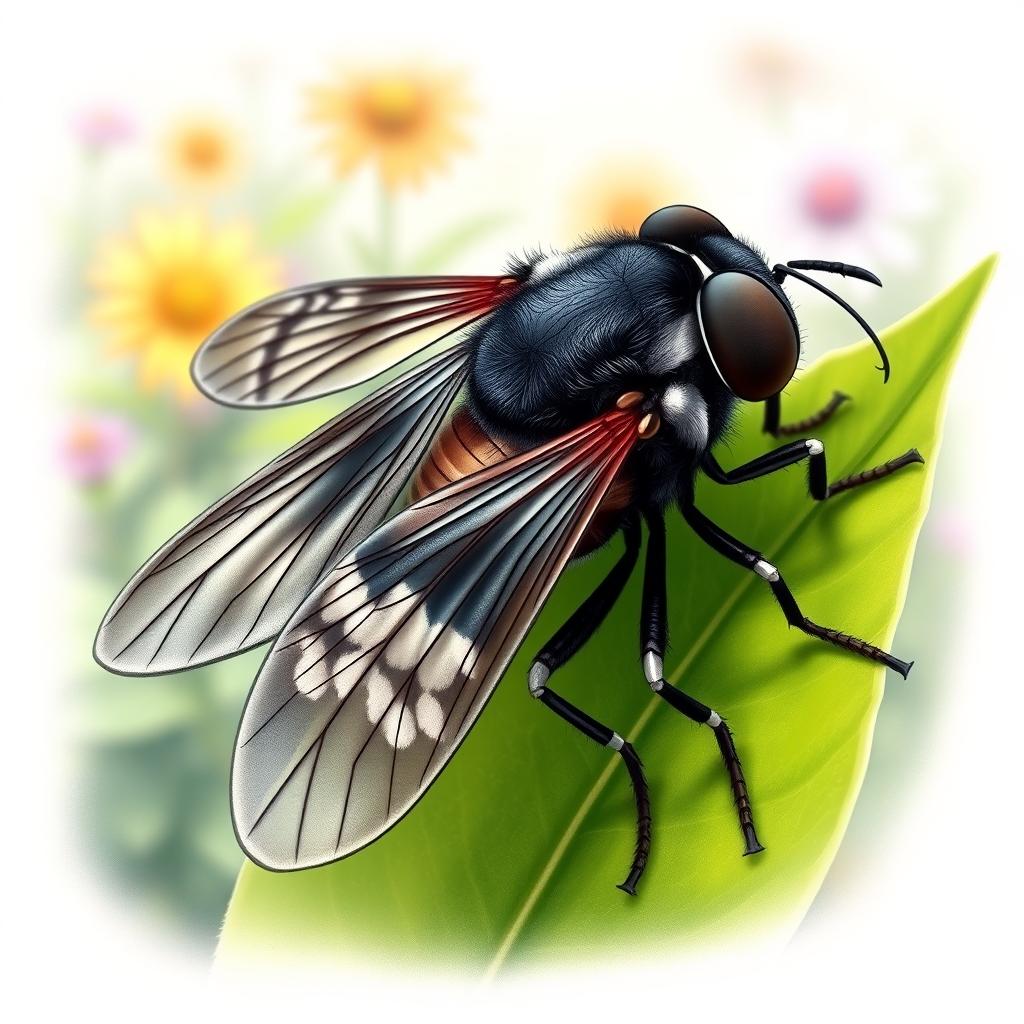A detailed and realistic illustration of a black and white horsefly (Tabano), showcasing its distinct features such as large, multifaceted eyes and iridescent wings