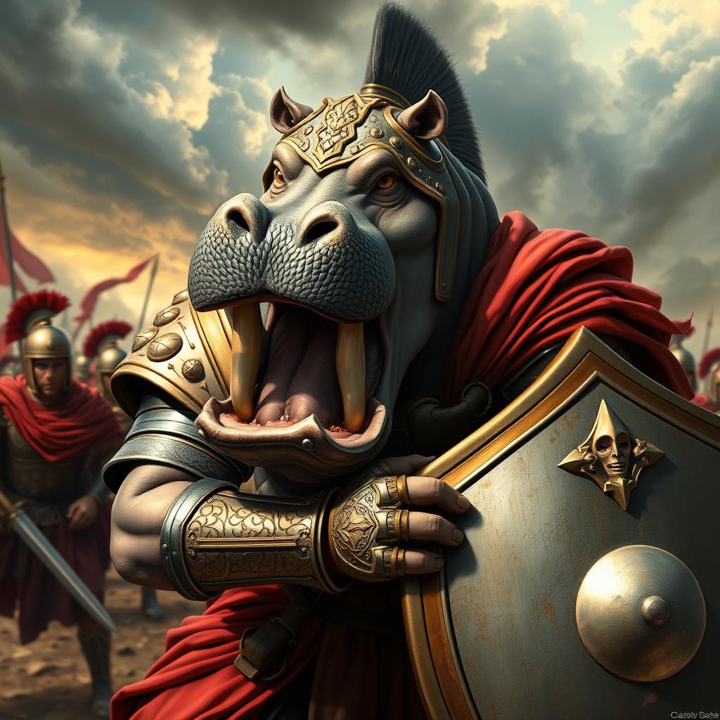 A humanoid female hippopotamus wearing Roman armor, fiercely biting a shield as if preparing for battle