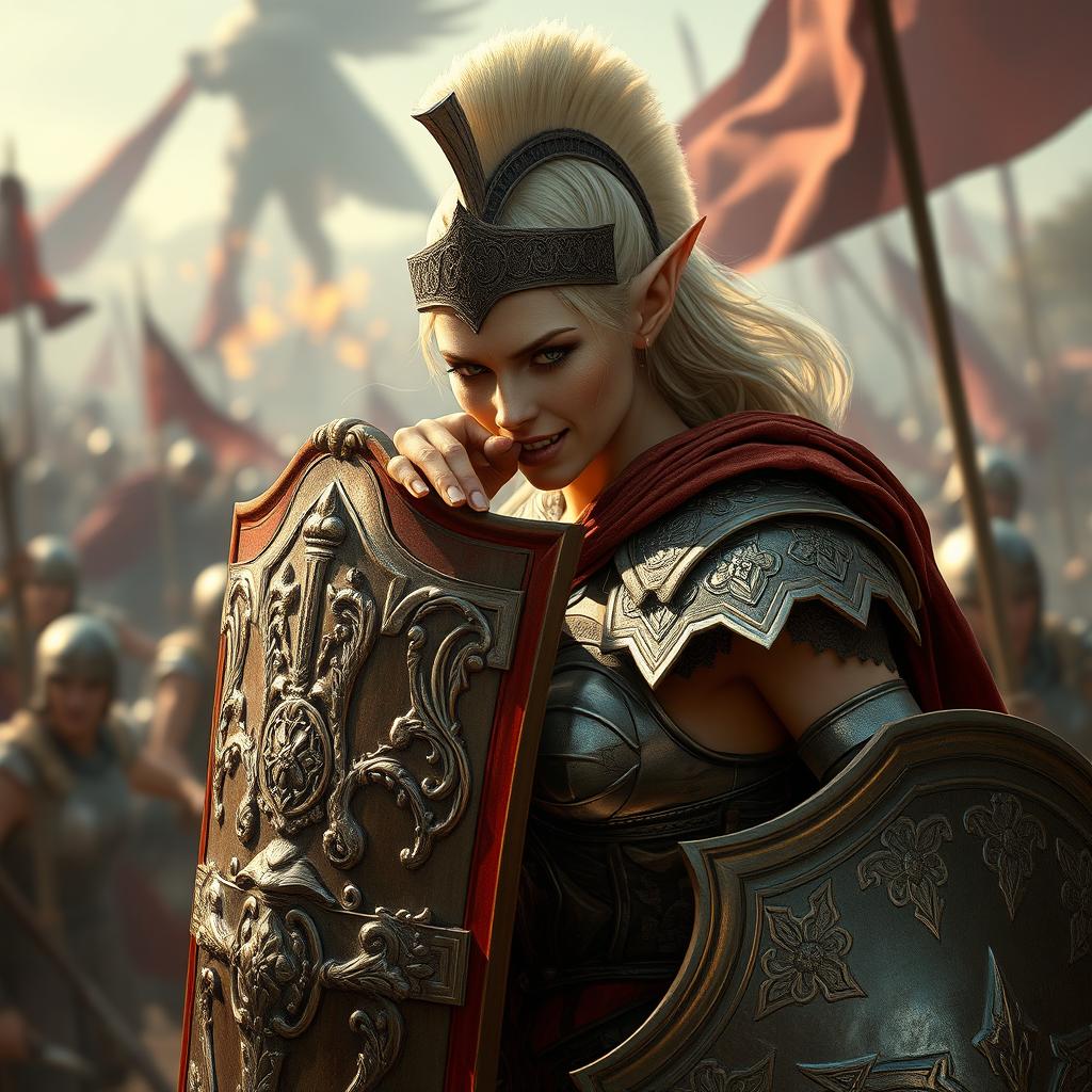 A humanoid female elf wearing Roman armor, fiercely biting onto a shield as if preparing for battle