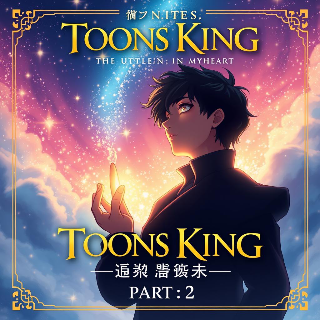 A stunning novel cover titled 'Toons King, the Little Candle in My Heart Part 2', showcasing a young man's sleeping shadow that gracefully falls from an enchanting sky filled with beautiful sparkles