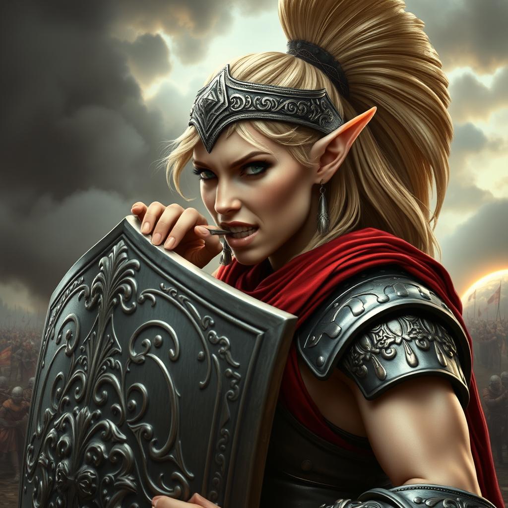 A humanoid female elf in stunning Roman armor, fiercely biting onto a shield as a symbol of her readiness for battle