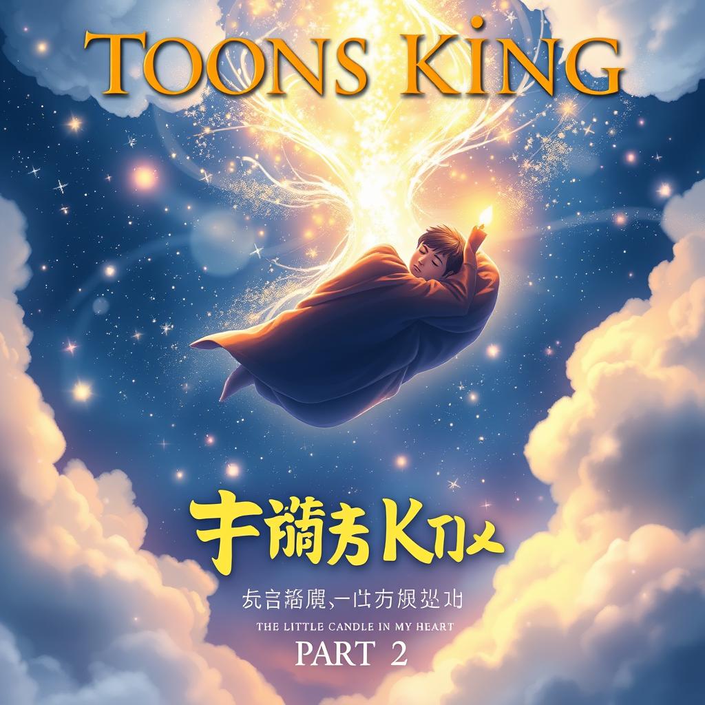 A novel cover for 'Toons King, the Little Candle in My Heart Part 2', featuring a young man's sleeping shadow falling from a beautifully enchanted sky filled with sparkling stars and magical elements