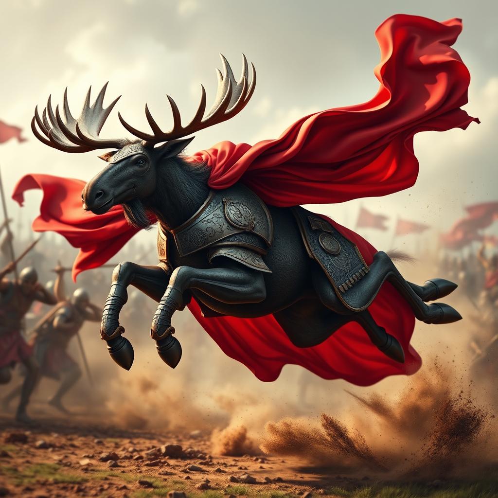 A humanoid moose in Roman armor, leaping into battle with a vibrant red cape billowing behind her