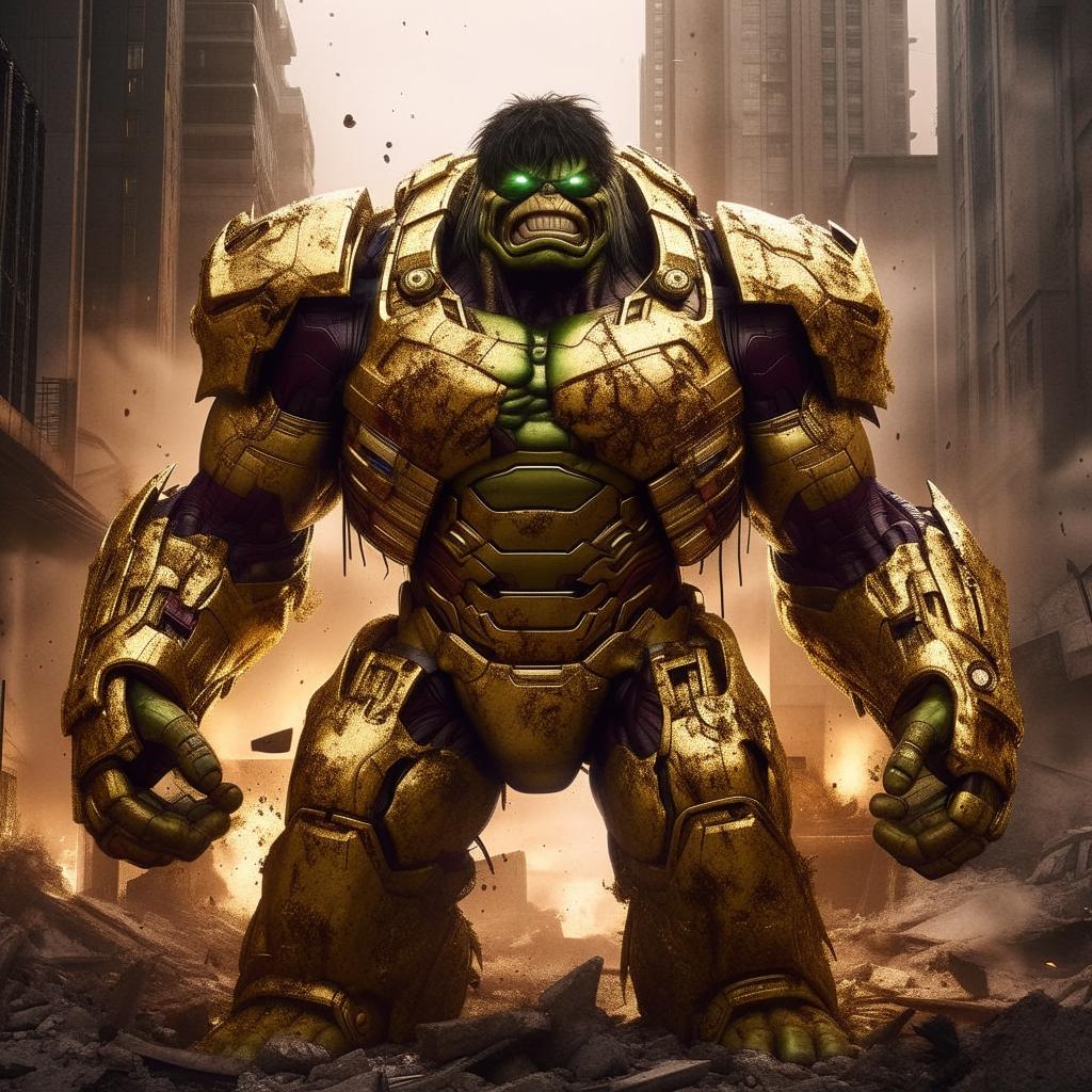 In 1080p cinema quality, envision an ultra realistic Hulk draped in gold mecha armour, standing amidst smoking ruins of a dark city