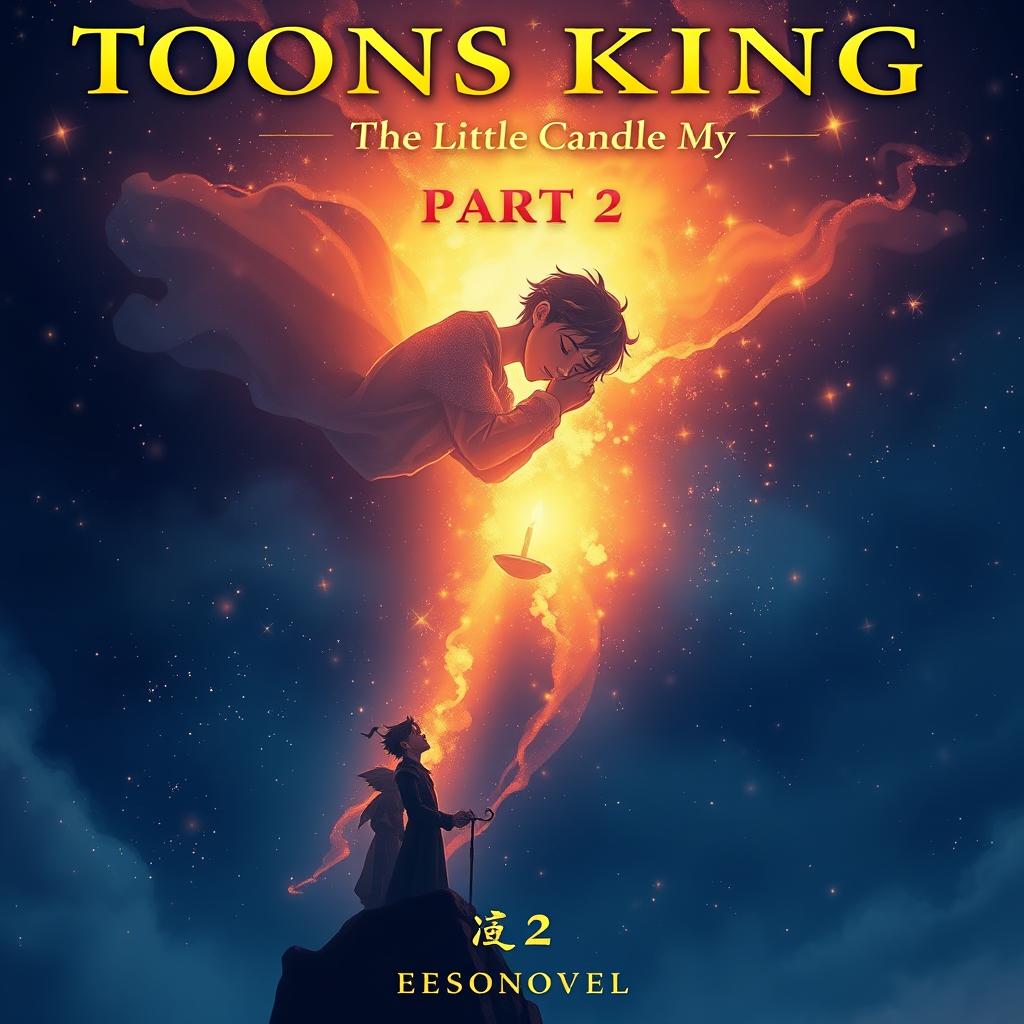 A stunning novel cover for 'Toons King: The Little Candle in My Heart Part 2', featuring a young man's sleeping shadow gracefully falling from a beautiful, enchanted sparkly sky