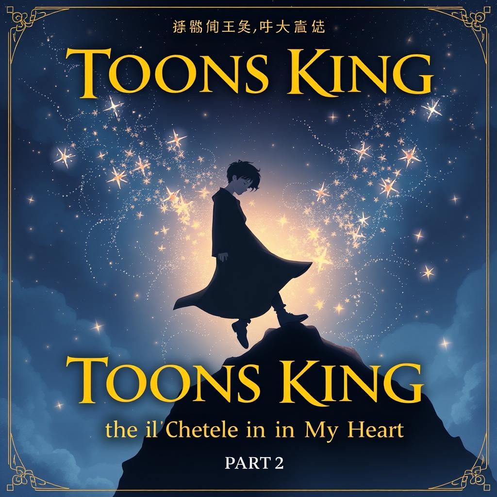 A novel cover for 'Toons King, the Little Candle in My Heart Part 2', featuring a young man's sleeping shadow gracefully falling from a beautifully enchanted sky filled with magical sparkles