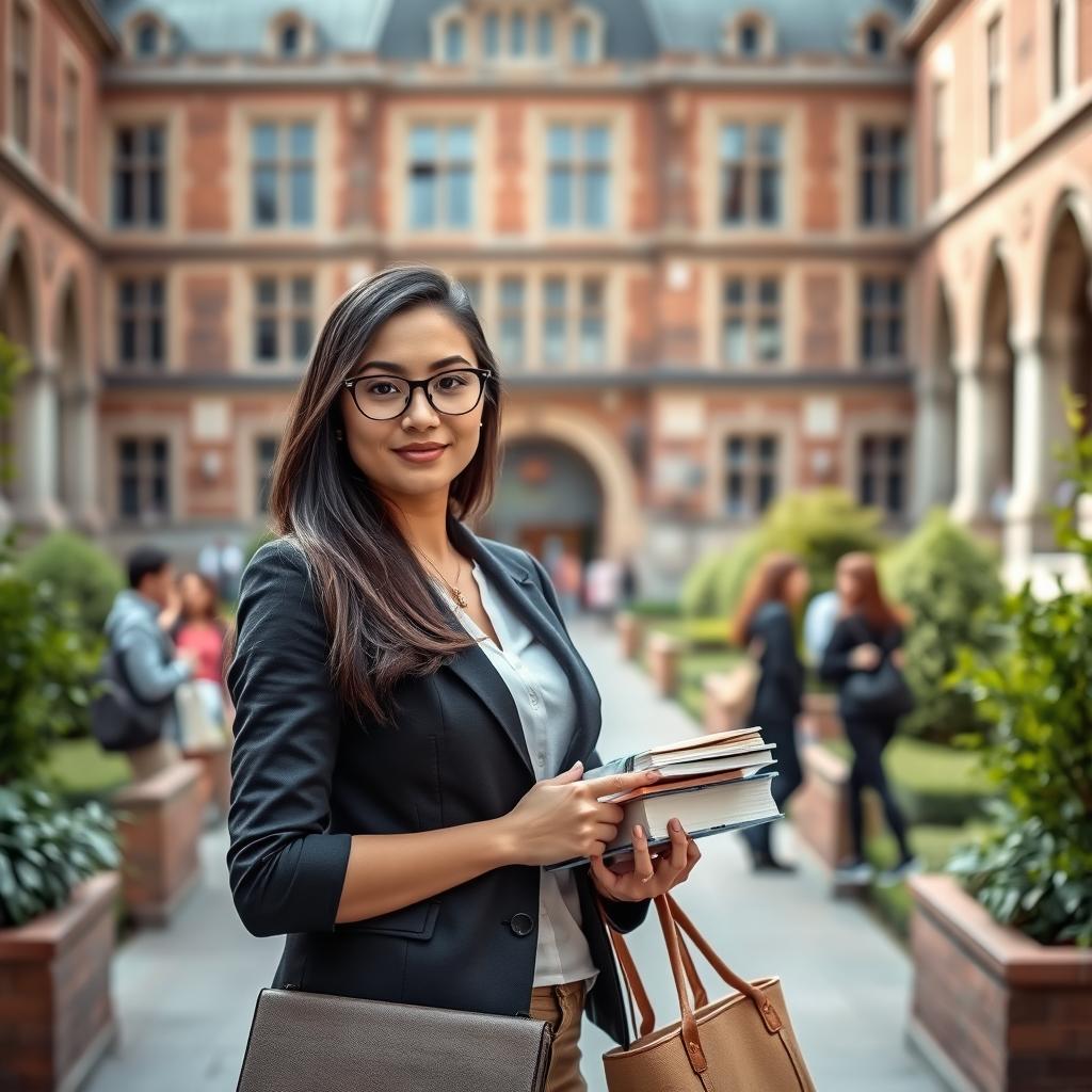 A confident, stylish young woman in a tailored blazer and glasses stands in a university courtyard with a beautiful historic building in the background