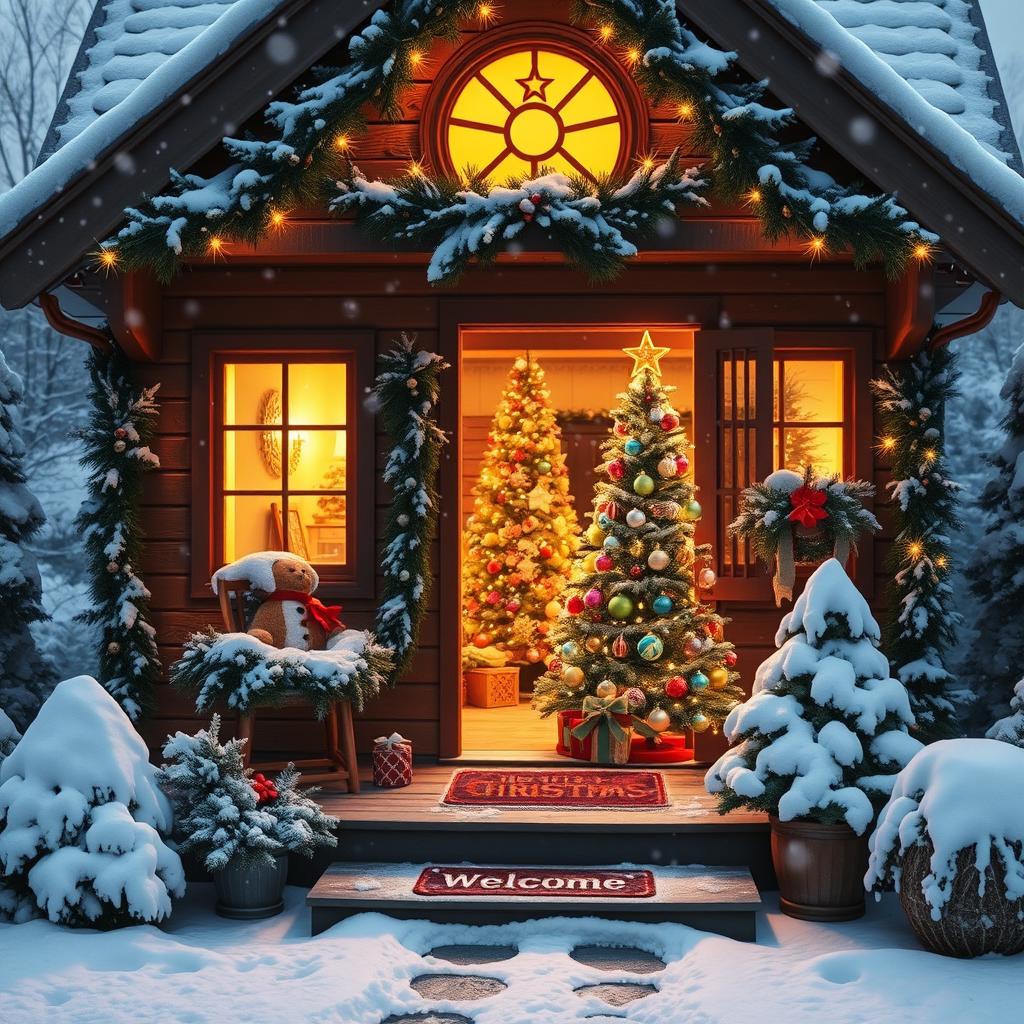 A beautifully decorated Christmas house, featuring a charming wooden exterior adorned with twinkling fairy lights and garlands of evergreen