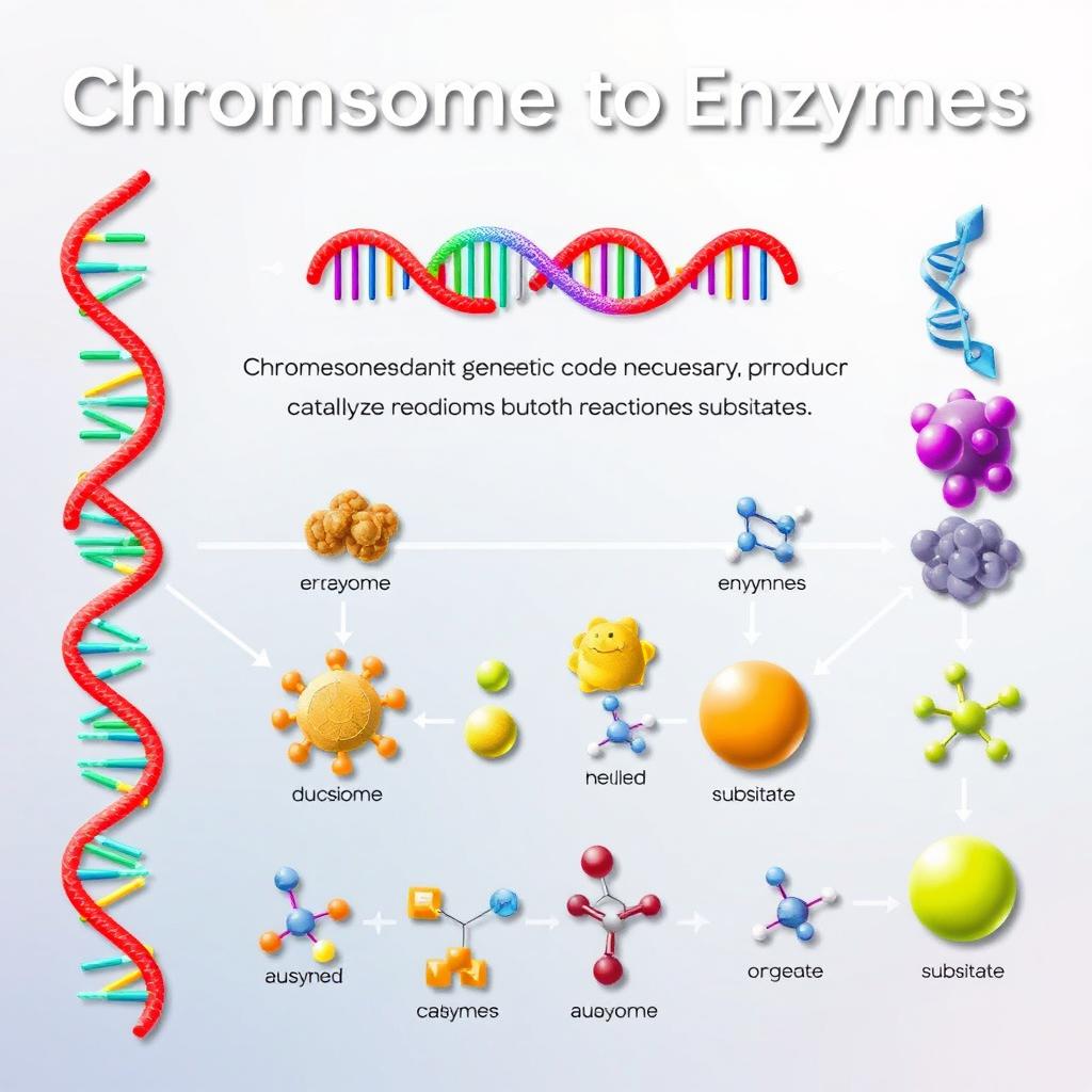 A detailed infographic illustrating the relationship between chromosomes and enzymes, emphasizing that chromosomes contain the genetic code necessary to produce enzymes, which in turn catalyze reactions with substrates