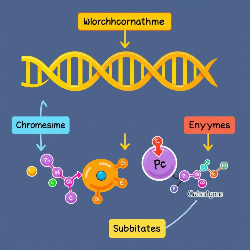 An educational diagram showcasing the interplay between chromosomes, enzymes, and substrates