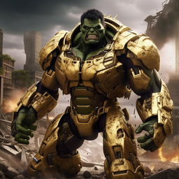 In 1080p cinema quality, envision an ultra realistic Hulk draped in gold mecha armour, standing amidst smoking ruins of a dark city