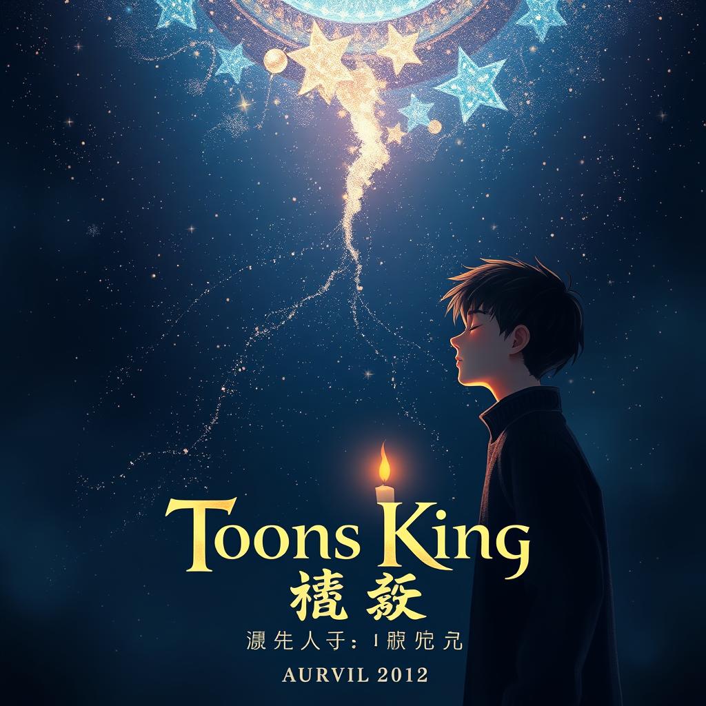 A novel cover for 'Toons King, the Little Candle in My Heart Part 2', featuring a young man's sleeping shadow falling from a beautifully enchanting, sparkly sky