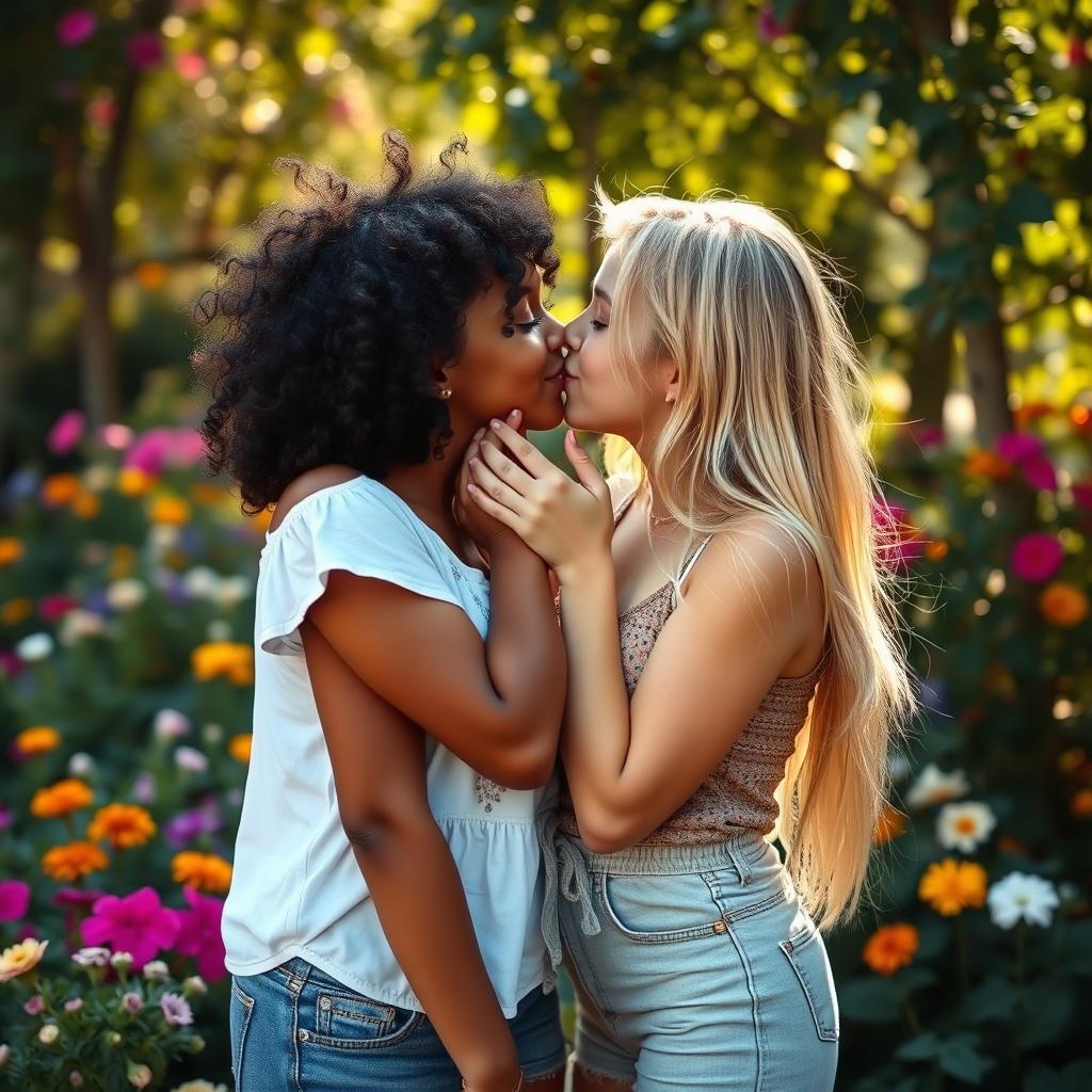 Two girls sharing a tender kiss in an intimate setting