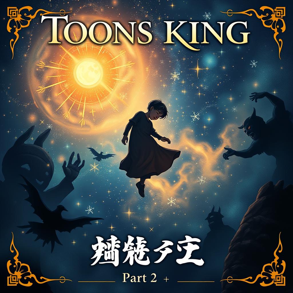 A novel cover for "Toons King, the Little Candle in My Heart Part 2", featuring a young man's sleeping shadow falling from a beautifully enchanted sky filled with sparkling stars and magical elements