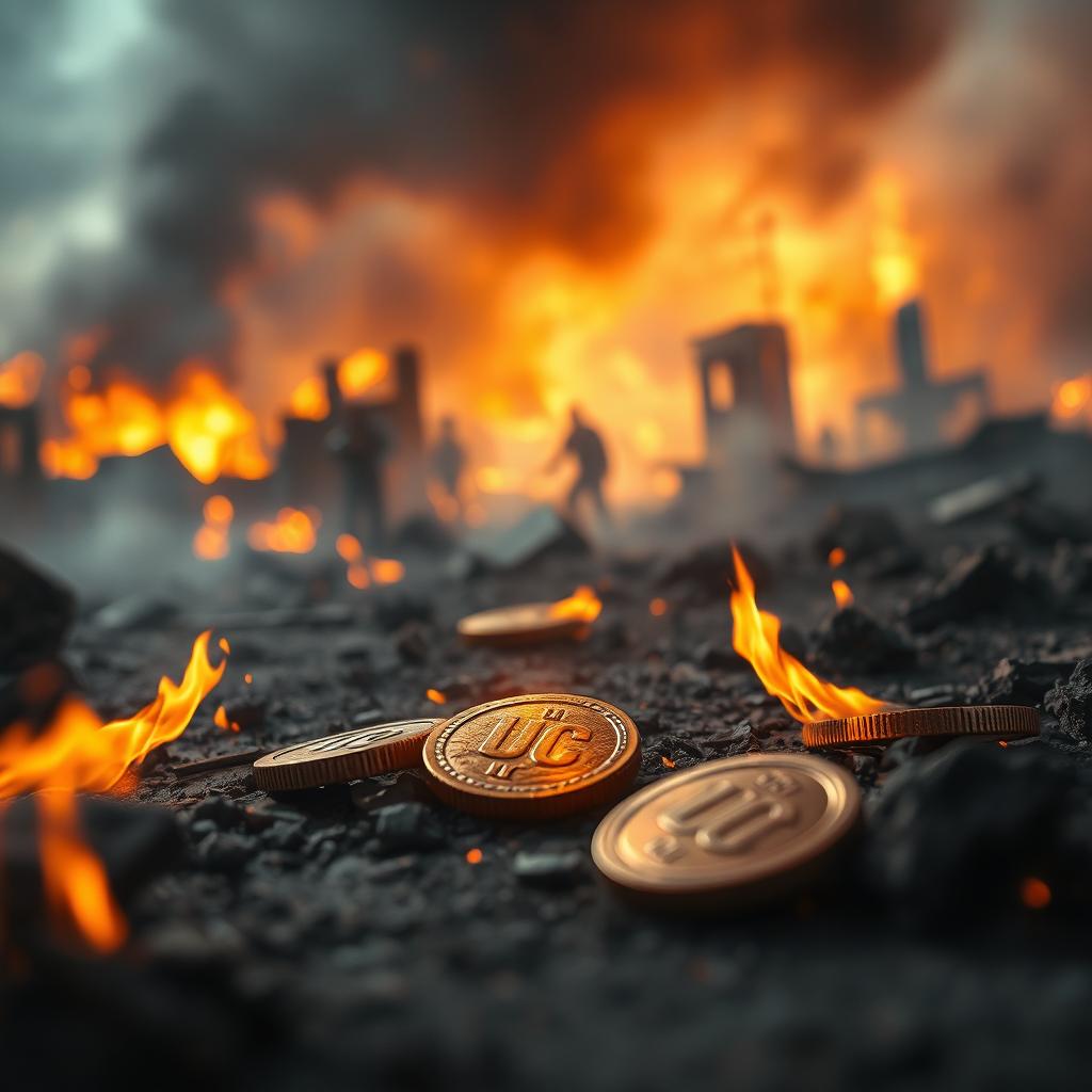 A dynamic and captivating image inspired by the theme of PUBG UC (Unknown Cash) currency, featuring striking visuals of burning UC coins scattered across the ground
