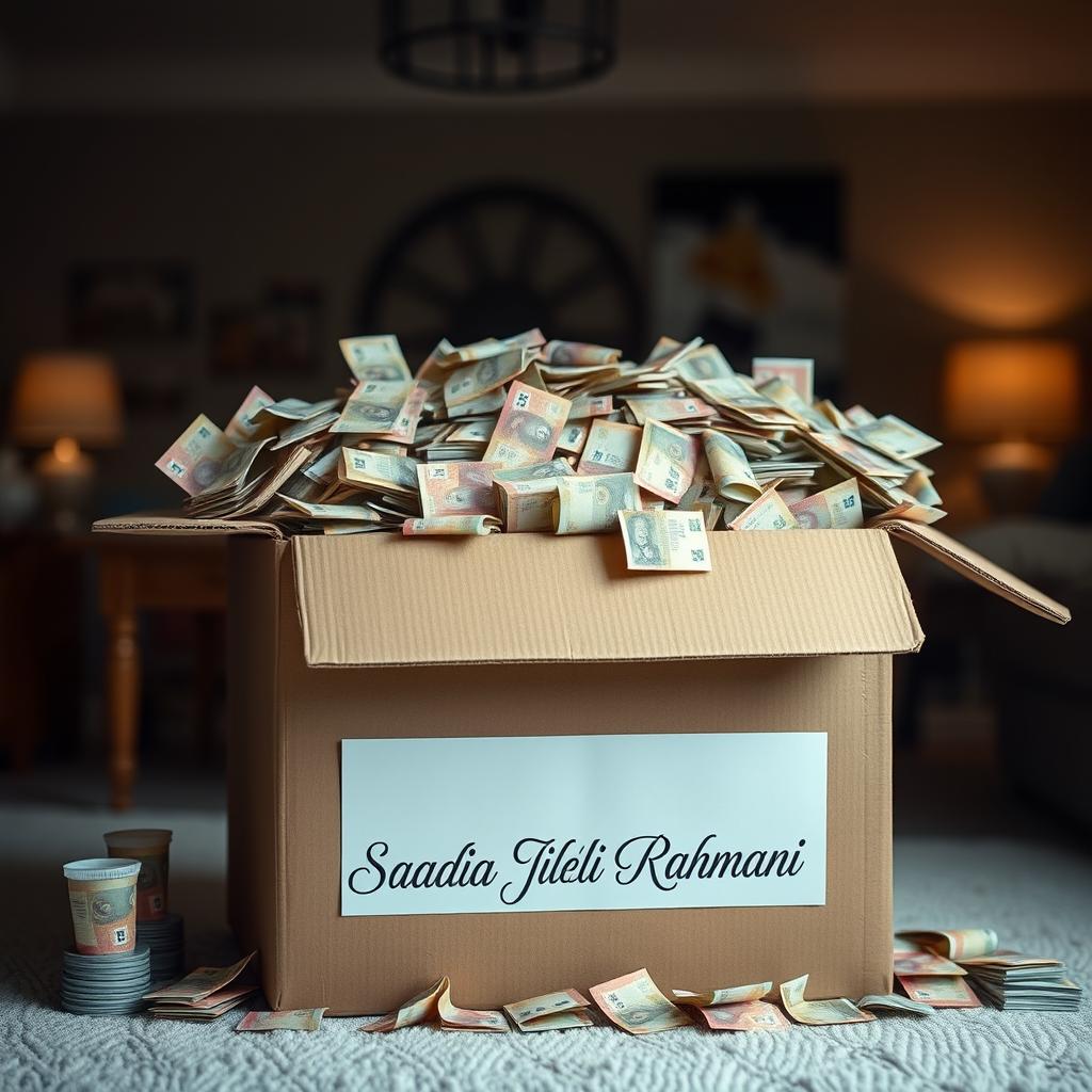 A large, overflowing cardboard box filled with Canadian dollar bills, the notes vibrant and colorful, showcasing the design of Canadian currency