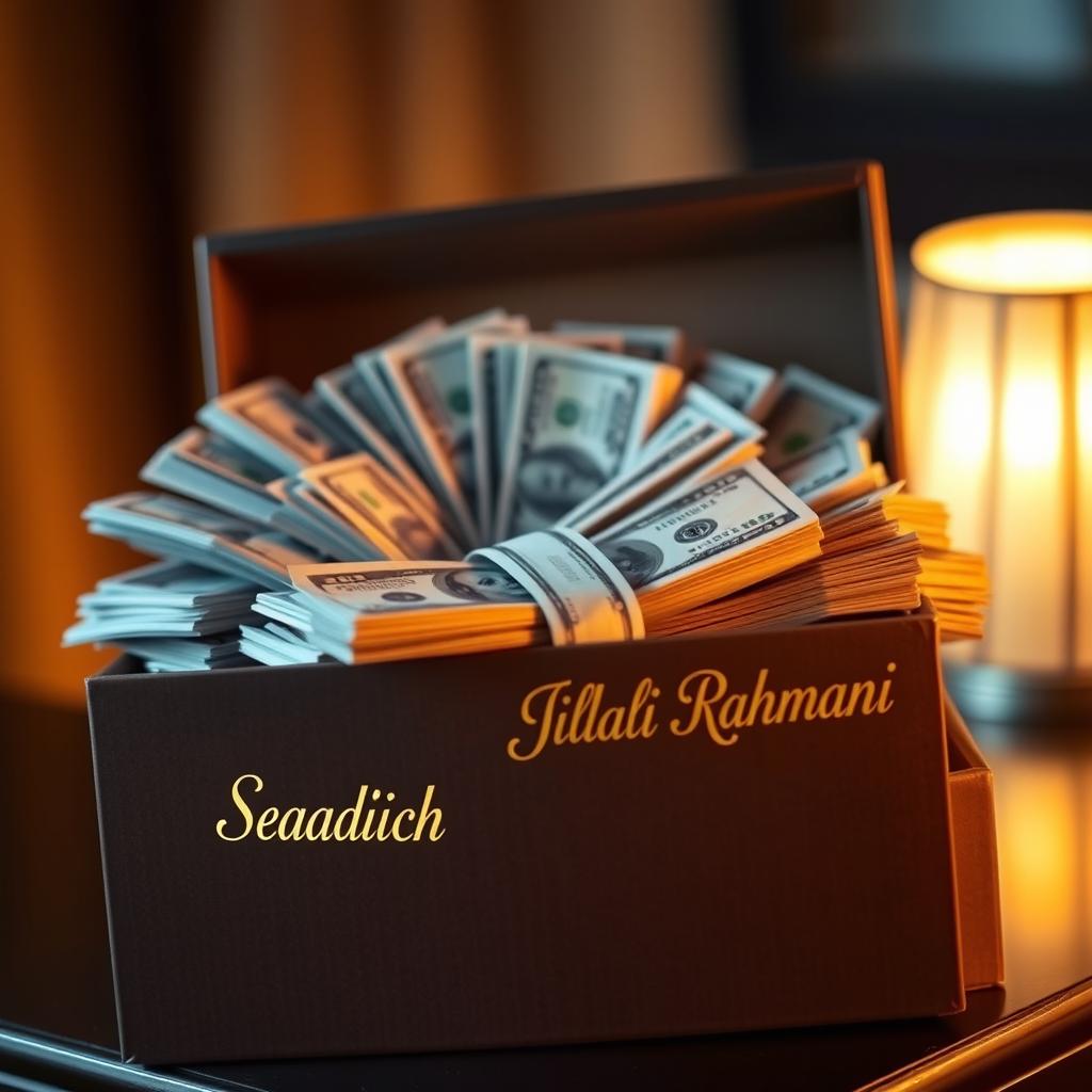 A close-up shot of an open box overflowing with stacks of cash, the bills neatly arranged and fanned out