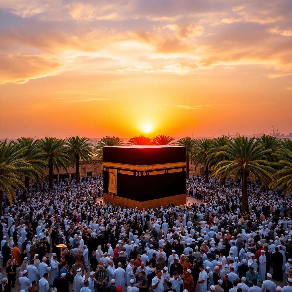 A breathtaking scene of the Kaaba surrounded by lush palm trees, with a crowd of around 100 people gracefully turning around it in a circular motion during a stunning sunrise