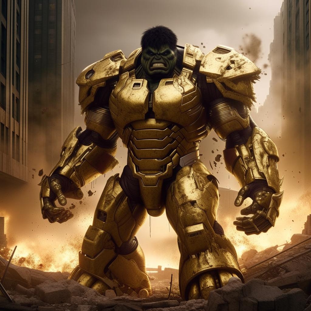 In 1080p cinema quality, envision an ultra realistic Hulk draped in gold mecha armour, standing amidst smoking ruins of a dark city