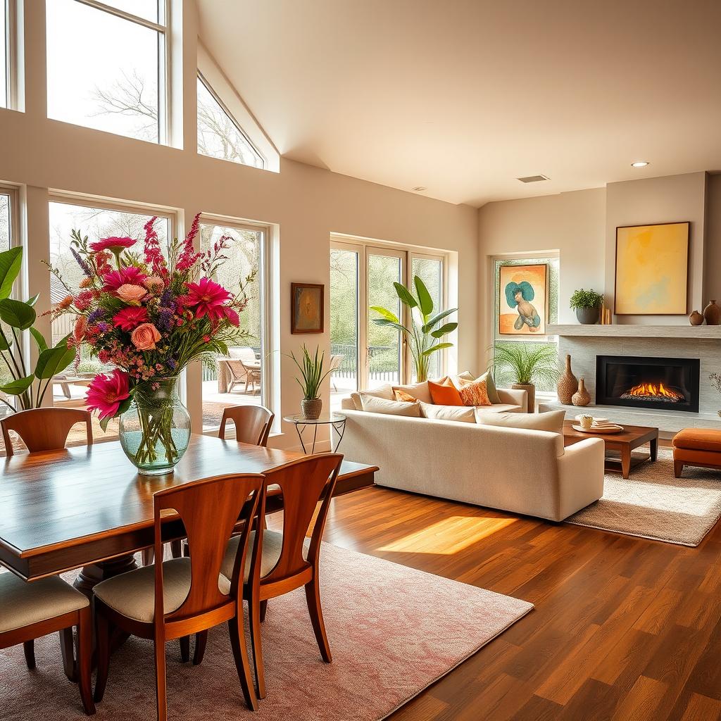A beautifully designed dining and living room space, featuring a large wooden dining table with elegant chairs, adorned with a vibrant vase filled with fresh flowers