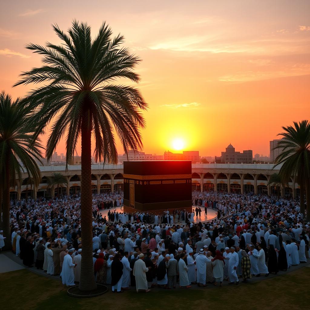 A breathtaking scene of the Kaaba surrounded by lush palm trees and an open space, with around 100 people gracefully turning around it in a circular motion during a stunning sunrise