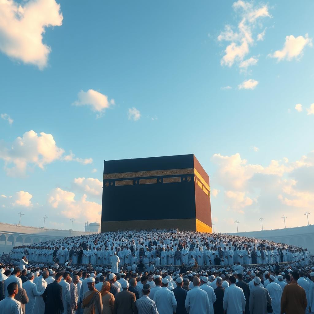 An awe-inspiring depiction of the Kaaba in a serene environment, surrounded by approximately 100 people who are respectfully encircling it