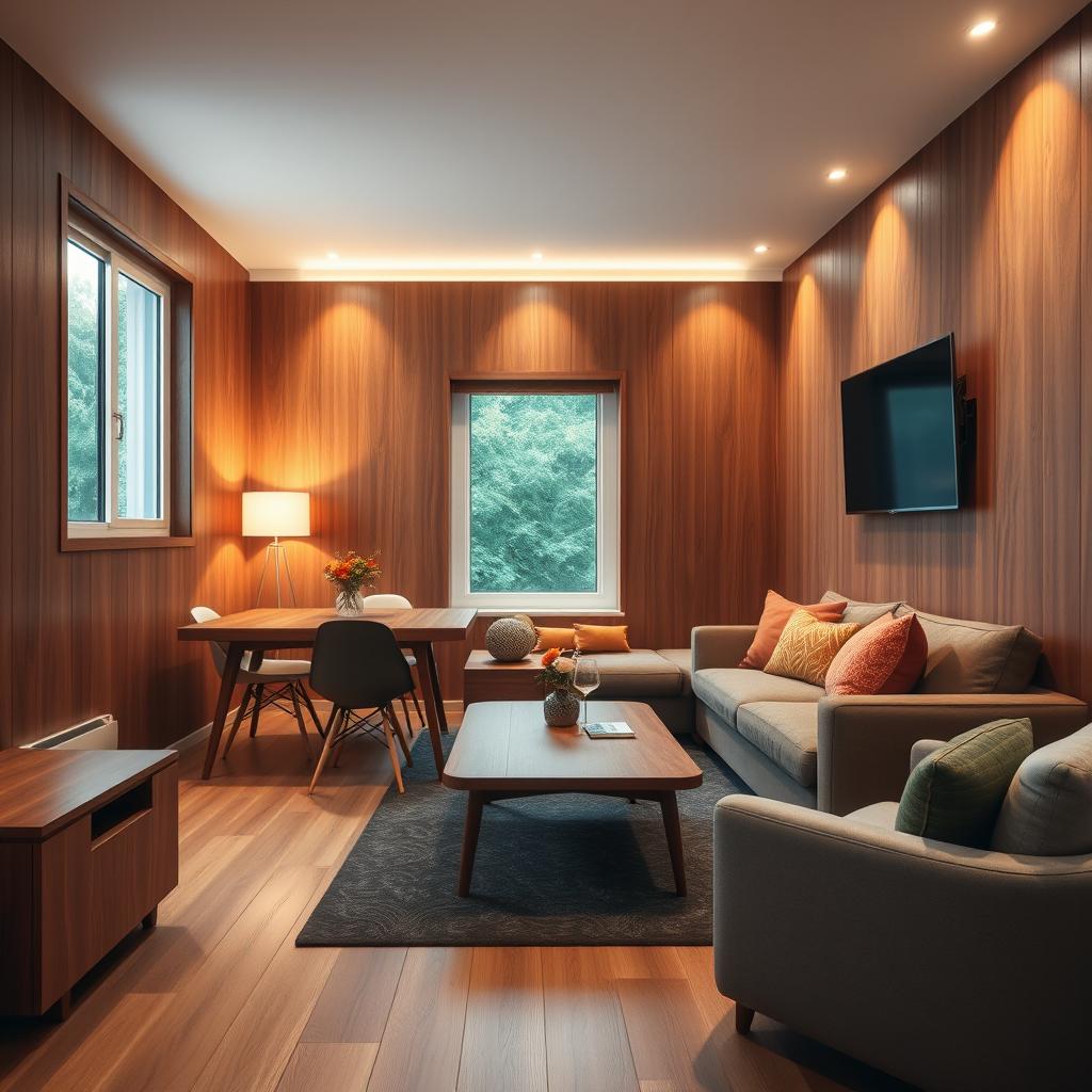 A cozy dining and living room layout measuring 3x4 meters, designed without windows, creating an intimate atmosphere