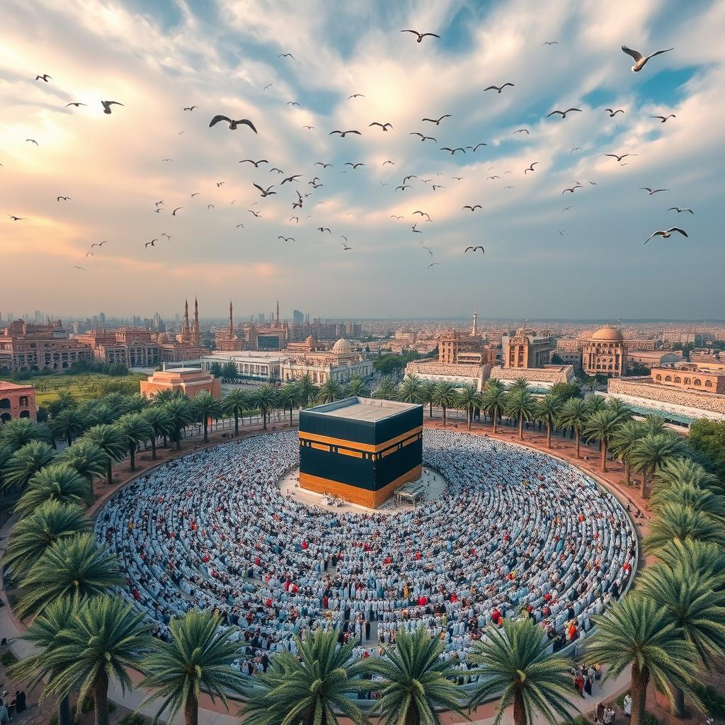 An extraordinary aerial view of the Kaaba surrounded by about 100 people elegantly circling it, set in a picturesque landscape featuring an oasis of palm trees