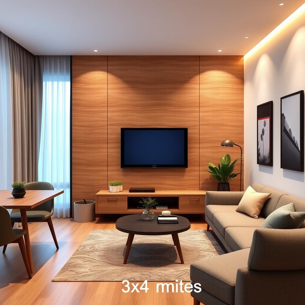 A cozy and stylish dining and living room that measures 3x4 meters, featuring a modern design with no windows