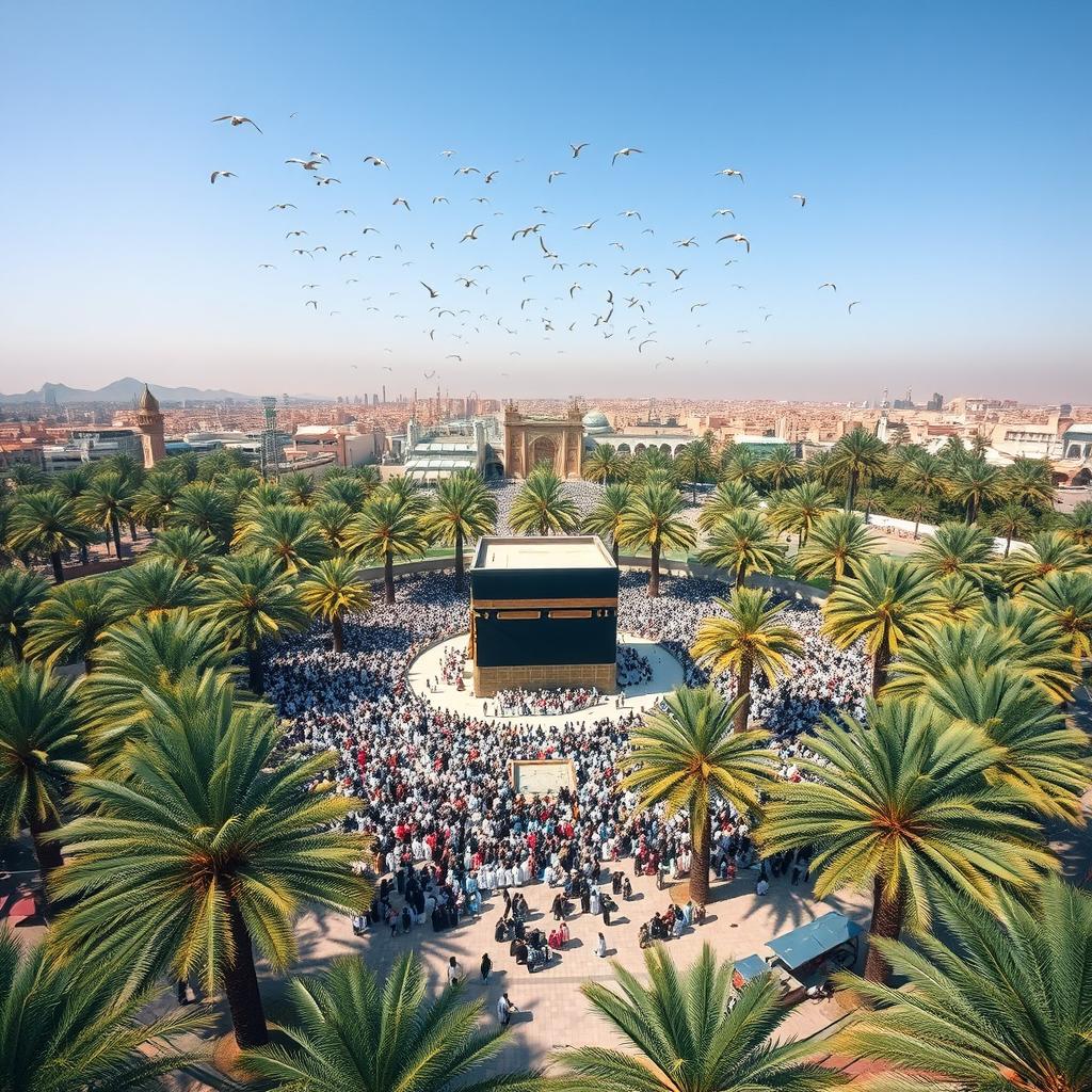 An enchanting aerial view of the Kaaba, surrounded by approximately 100 people reverently encircling it, capturing a moment of devotion from above