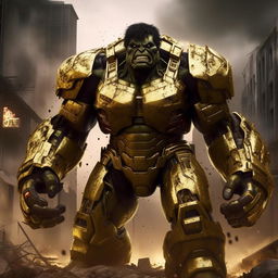 In 1080p cinema quality, envision an ultra realistic Hulk draped in gold mecha armour, standing amidst smoking ruins of a dark city