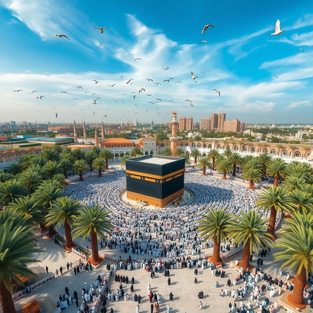 A stunning aerial view of the Kaaba surrounded by around 100 people reverently circling it, showcasing a serene atmosphere