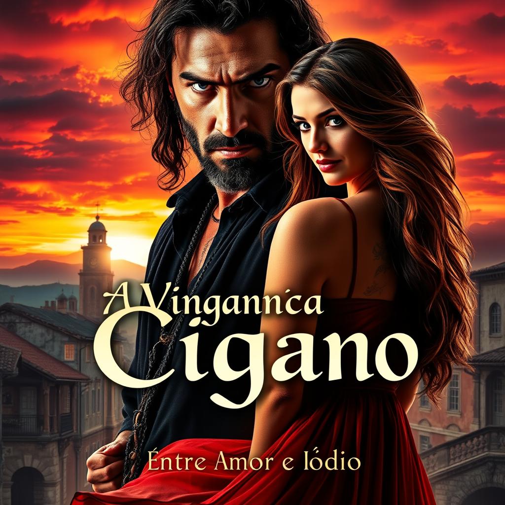 A captivating romance book cover titled 'A Vingança do Cigano: Entre Amor e Ódio'