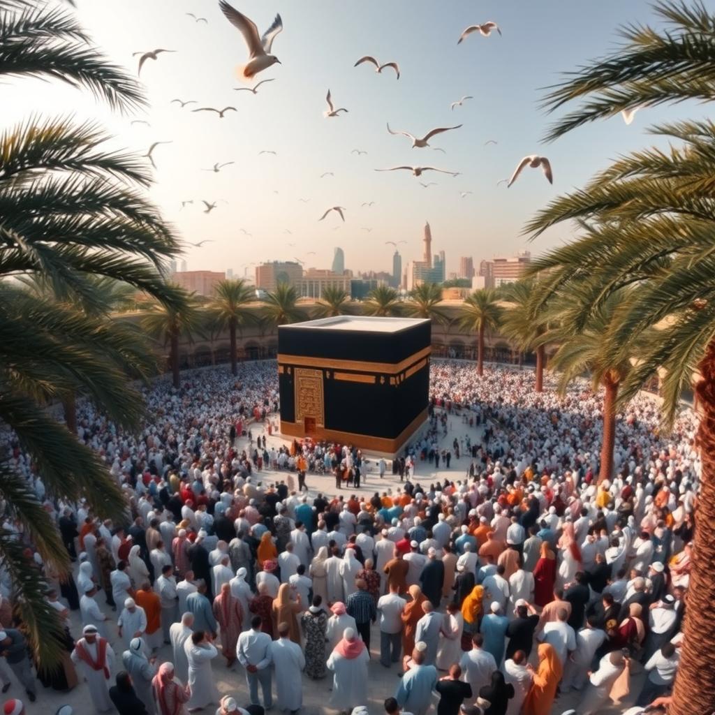 A captivating ground-level view of the Kaaba surrounded by approximately 100 people worshipping in a grand circle