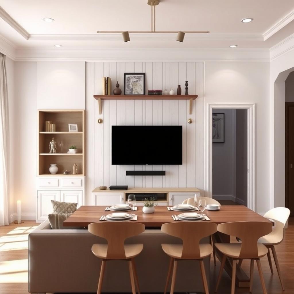 A cozy living and dining room scene, dimensions 3x4 meters